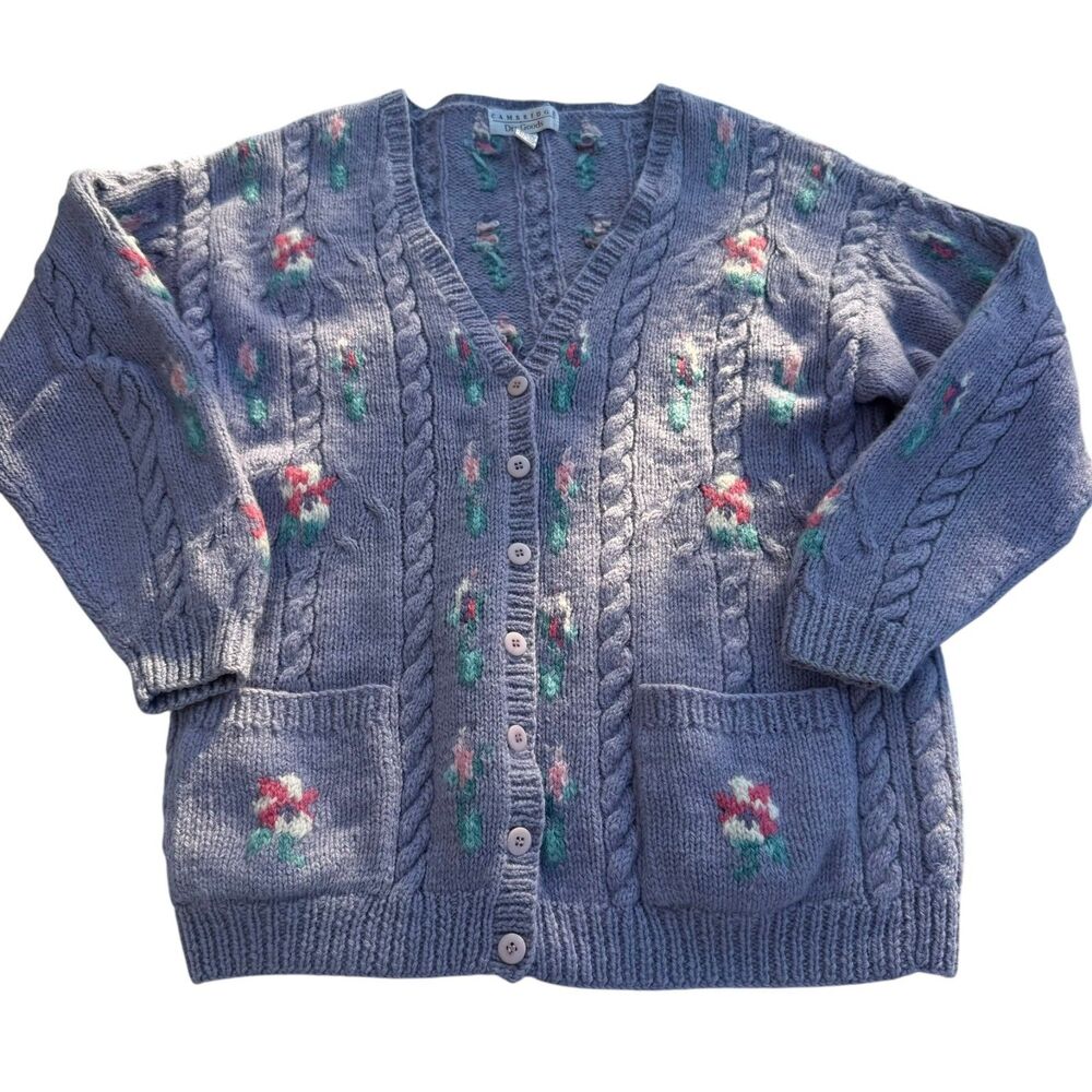 Vintage Cambridge Dry Goods Shetland Wool Floral Cable Knit Cardigan Purple